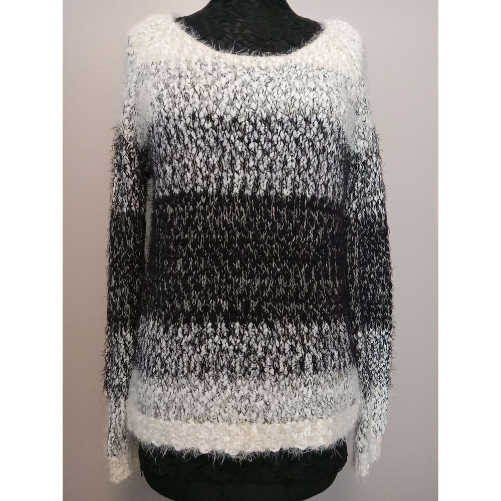 Smash Women Black Grey Ivory Fuzzy Knit Sweater Size M/L
